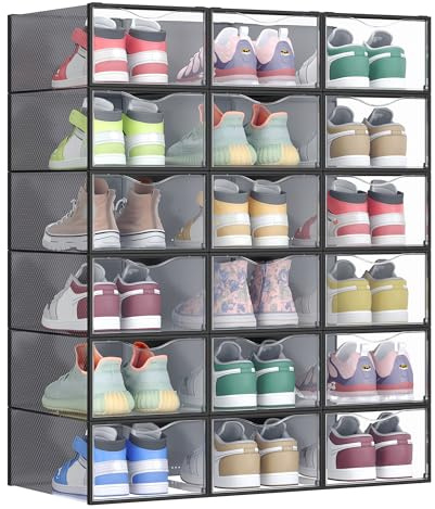 SONGMICS Schuhboxen, Schuh-Organizer aus Kunststoff, mit Tür, durchsichtig, 18er Set, stapelbar, einfache Montage, 33,2 x 23 x 14,5 cm, für Schuhe bis Größe 43, transparent-tintenschwarz LSP318B01
