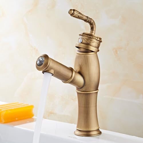 XSDSM Wasserhahn Ausziehbar Badezimmer Vintage, Single Mode Waschtischarmatur mit Herausziehbarer Brause, Einzelgriff, Heiß und Kalt,Antike Schnitzereien,Niedrig