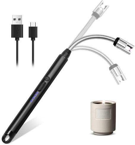 Accendino Elettrico USB Ricaricabile Lungo per Candele, Stufe a Gas, Cucina, Barbecue e Campeggio - Arco Antivento (Nero)