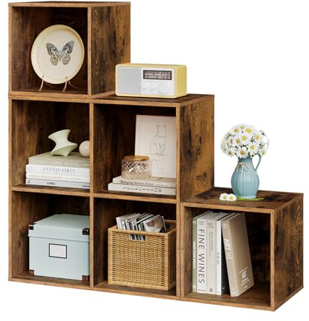 WOLTU Regal für Buch Spielzeug, Bücherregal mit 6 Fächern, Schrank für Wohnzimmer Schlafzimmer, Raumteil aus Holzewerkstoff, Würfelregal Stufenregal 90x90x30cm,Vintage Braun SK027vbn