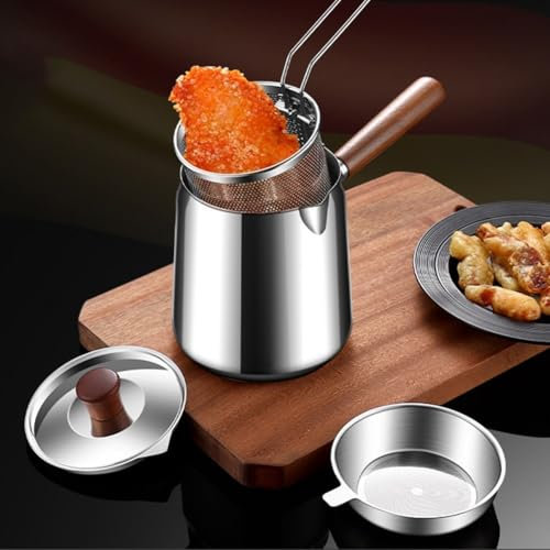 Ensemble de friteuses profondes avec panier et poignée étendue, mini friteuse en acier inoxydable avec couvercle, économie d'huile pour frire le poisson, les crevettes, le poulet et les frites (C)