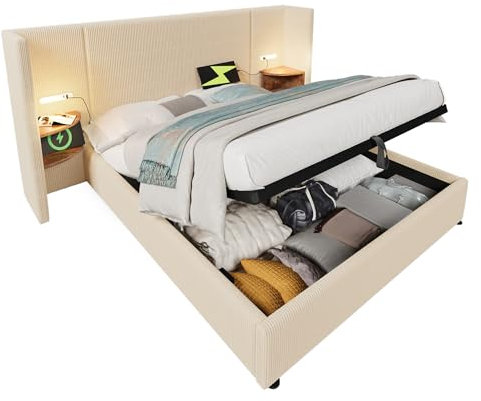 xixiworkshop Polsterbett Doppelbett 160×200 mit Nachttisch und USB, Bettanlage Stauraumbett Bettgestell mit Lattenrost aus Massivholz & Metall, Cordstoff(Ohne Matratze) (Beige-Weiß, 160×200cm)
