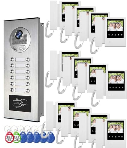 ANJIELO SMART Video Intercom System for Apartment,12Units 4.3 inch Monitor Wired Video Door Phone Kit,Indoor Outdoor Doorphone Telephone Style, (1doorbell+12monitor)