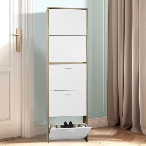 CASABEL Schuhregal 15 Paar – Schrank mit großer Kapazität für Eingang, Flur – L 60 x T 17 x H 180 cm – Türen weiß Rahmen aus hellem Holz