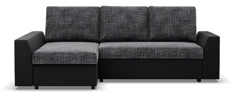 Mebligo LUGO - Ecksofa mit Schlaffunktion, Bettkastem, Komfort und Still, Universelle Seite, dunkelgrau + schwarz (Lawa 17)