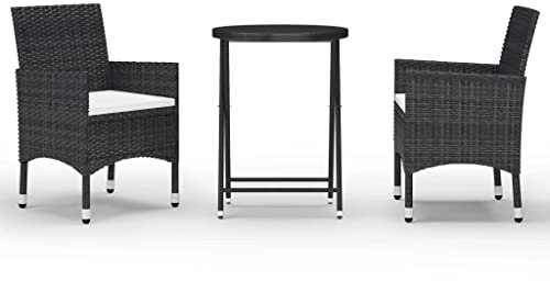 Eleganz 3-TLG. Bistro-Set aus Poly-Rattan & Hartglas Schwarz - Modernes Gartenmöbel für Terrasse & Balkon - Wetterfest & pflegeleicht