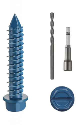Wavanta 30Pcs M5.5 x 32mm Concrete Screws Anchor, Blue Slotted Hex Flange Head with Screwdriver and Drill Bit, Masonry Brick Stucco Cement Block Screws, Diamond Point