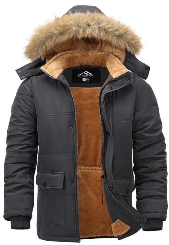 Peakwell Men Cargo Down Jacket Puffer Coat Waterproof Parka, Dark Grey, XXL
