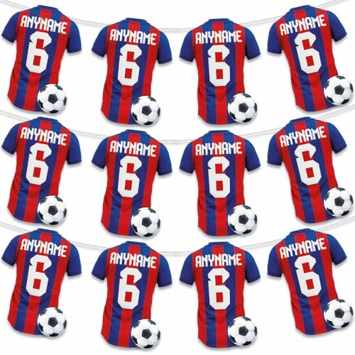 Personalised Football Shirt Bunting, Party Decorations, Birthday, Celebrations, Sports Events 12pcs / 2.5m Ribbon (BLUE/RED STRIPED)