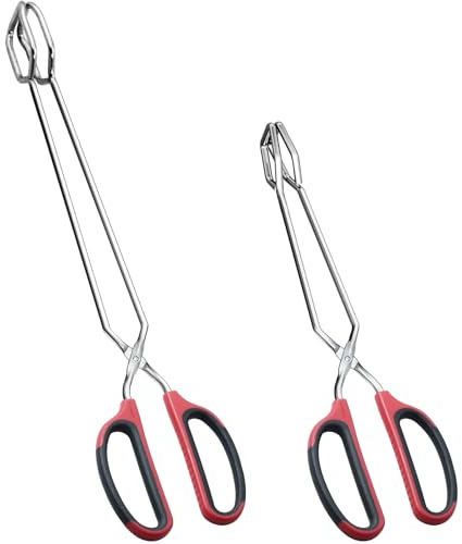 HINMAY 12 16 Extra Long Stainless Steel Kitchen Tongs Set, Non-Slip Comfortable Red Grip, Scissor Design, Heat Resistant for Cooking Grilling and Serving
