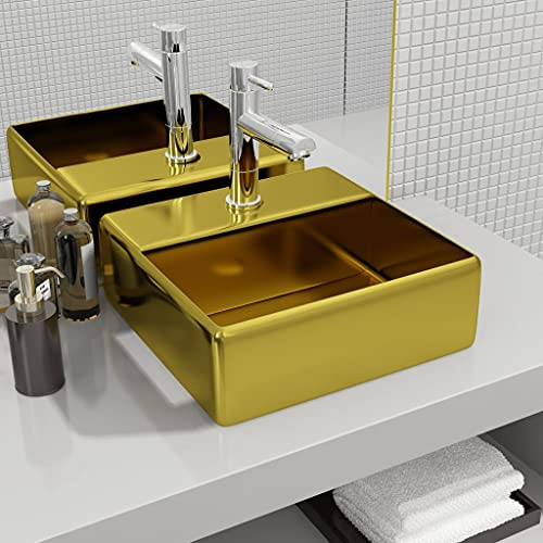 Lavabo à Poser with Céramique, Design Moderne, Vasque à Poser Salle de Bain, Lave Main, Meuble Vasque Salle de Bain, Or, 38 x 30 x 11.5 cm