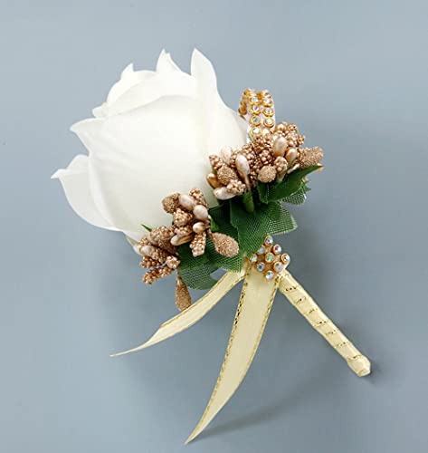 Aniyan 2 Stücke Hochzeit Boutonniere Blumen, Künstliche Herren-Rosen-Boutonniere, Ansteckblume für Bräutigam, Brautjungfer, Party, Abschlussball, Bankett,(Weiß + Gold)