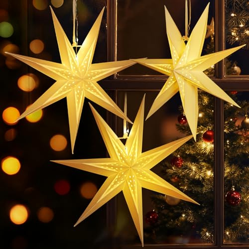 SUNBEAUTY 3er Set Papiersterne Weiß 30cm Faltstern Beleuchtet Weihnachten Deko 7 Zacken Faltsterne Lichterketten Party Deko für Weihnachtsdeko Hochzeit Geburtstag Tischdeko