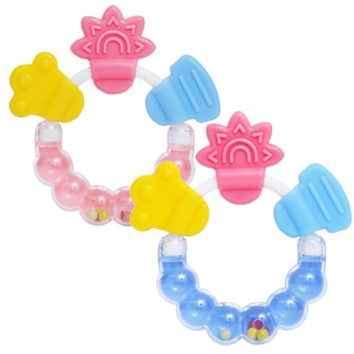FIMWOLZ Lot de 2 anneaux dentition bébé, jouet mordillement en silicone sans BPA, sécurisé pour dentition et anneau de préhension (rose et bleu)