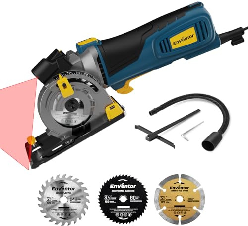 Enventor Mini Sierra Circular con Láser, 600W, 5500RPM, Manejo con una Sola Mano, 3 Hojas de Sierra(89mm), para Madera, Azulejos, Plástico y Metal finos