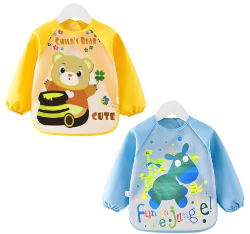 YUVKIN Set di 2 Bavaglini per Bambini con Maniche, Impermeabile in PEVA, Bavaglino a Maniche Lunghe per Bambini (6-36 Mesi)