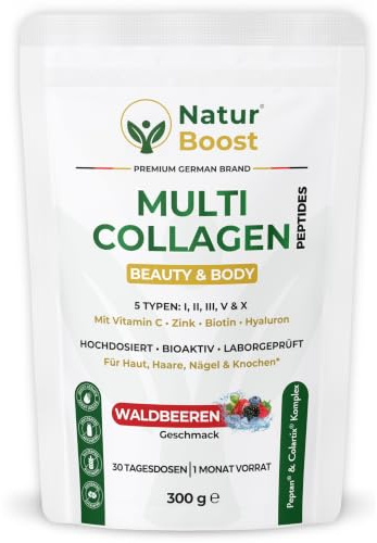 Multi Kollagen Pulver Waldbeere 300g mit Vitamin C, Hyaluron, Biotin & Zink