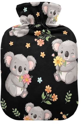 Söt tecknad koala blomma varmvattenflaskor med mjukt sammetsöverdrag varmvattenpåse för nack- och axelsmärtlindring medium