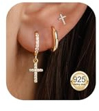 Gold Earrings for Women, 14K Gold Plated Cute Cross Earring Stacks Dainty Huggie Earrings for Women Trendy Small Gold Hoop Earrings Non Tarnish Womens Jewelry