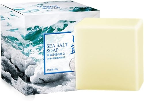 Weixinbuy Savon au sel de mer naturel au lait de chèvre, Savon de nettoyage couleur de peau uniforme, Savon hydratant nourrit la peau visage pour peaux sèches et grasses naturelles (100G)