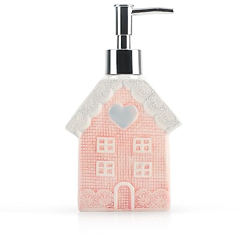Seifenspender, 330 ml, Keramik-Seifenspender mit silberner Pumpe, dekorativer rosa Haus-Design, Flüssigschale, Seifenspender für Badezimmer, Premium-Küche, als Geschenk für Frauen, Mädchen und Mutter