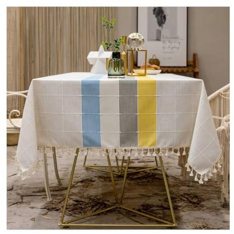 Gualiy Nappe Rectangle Moderne, Nappe 140x180CM Lin Nappe Anti Tache sans Repassage Plaid à Rayures avec Glands Nappe pour Table de Cuisine, Multicolore