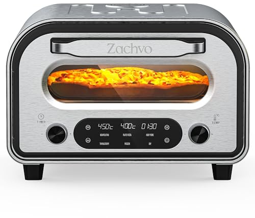 ZACHVO Elektrischer Pizzaofen - bis 450℃, 5 voreingestellte Pizzaarten, 1-60 Min Timer, Touchscreen & Drehregler, für 32cm Pizza, inkl. Pizzastein, Pizzaschieber, Rezeptbuch, Stainless Steel