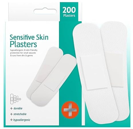 HiFEN® Sensitive Skin Assorted Waterproof Plasters – 200 Mixed Sizes | Hypoallergenic, Strong Adhesive, Breathable & Latex-Free | Blister & Wound Care, First Aid Kit Essential