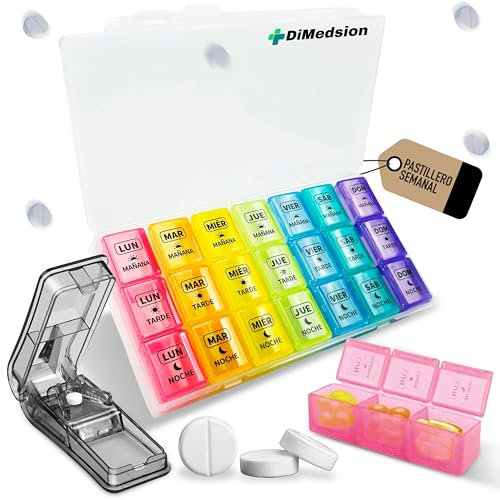 Pastillero Semanal 3 Tomas con Cortador de Pastillas Dimedsion | Pastilleros Semanales 3 Tomas Español con Organizador Medicamentos, Pastillero Semanal 3 Tomas, Caja para Medicamentos (Transparente)