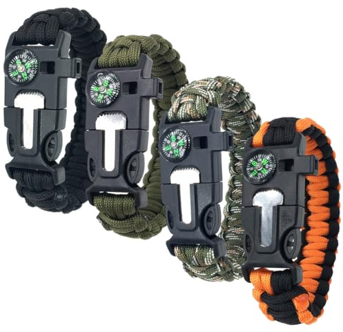 4PCS Pulsera de Supervivencia, 5 en 1 Pulseras de Supervivencia al Aire Libre, Paracord Bracelets con Flint, Brújula, Mini Sierra, Silbato, Cuerda de Rescate, Paracord Pulsera para Caminatas, Acampada