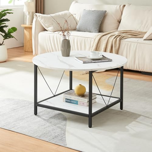 [en.casa] Mesa de Centro Filem Mesa Baja con Tablero Redondo con Estante Mueble Auxiliar Mesita para Salón Ø80 x 46 cm - Efecto mármol Blanco