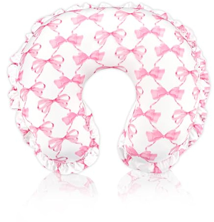 HNHUAMING Ruffle Nursing Pillow Cover, Removable Stetchy Case for Breastfeeding Pillows, Ultra Soft and Breathable Feeding Pillow Slipcover with Modern Design Lace for Infant Girls Boys, Pink Bow