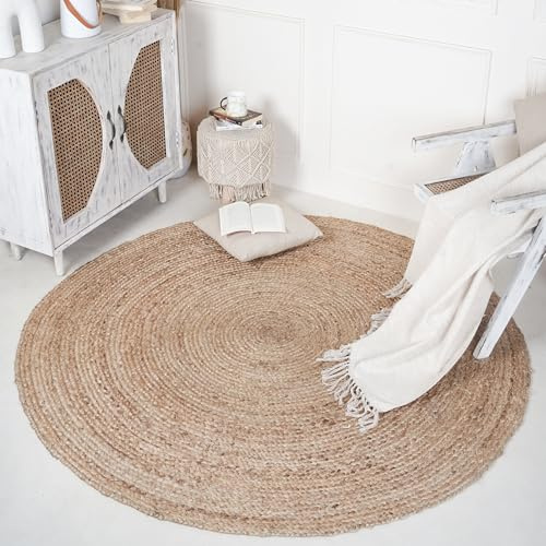 RAJRANG Runder Jute Teppich, Handgeflochten Natürlicher Wohnaccessoire für Wohnzimmer Schlafzimmer, D 96 Zoll