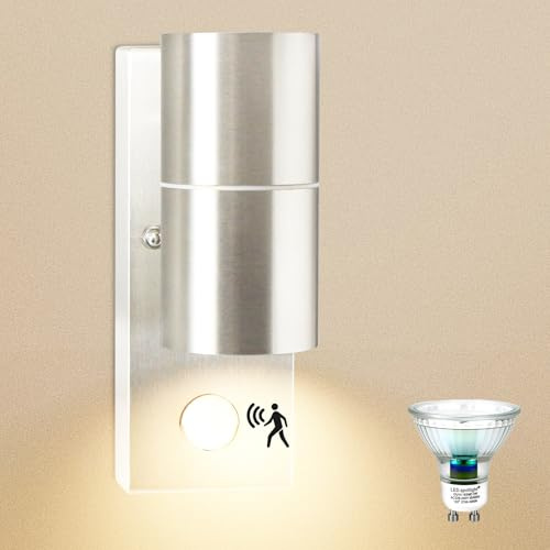 LED utomhusvägglampa PIR rörelsesensor IP44 cylinder vägglampa Sconce rostfritt stål med 5 W GU10 glödlampa varm vit 1 enhet