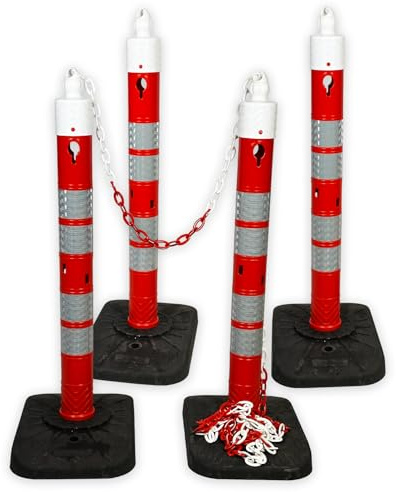 UvV-Flex KettenpfostenTower 1,2m hoch 110mm breit mit reflektierender Folie + Absperrkette 8mm - 25m - in den Farben rot/weiss als praktisches Absperrset (4)