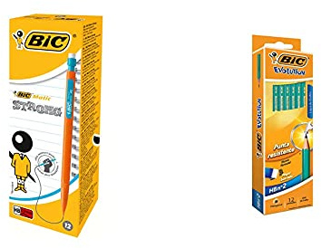BIC Matic Strong Porte-Mines 0,9 mm HB - Couleurs Assorties, Boîte de 12 & Evolution Original Crayons à Papier avec Gomme Intégrée - HB, Boîte de 12