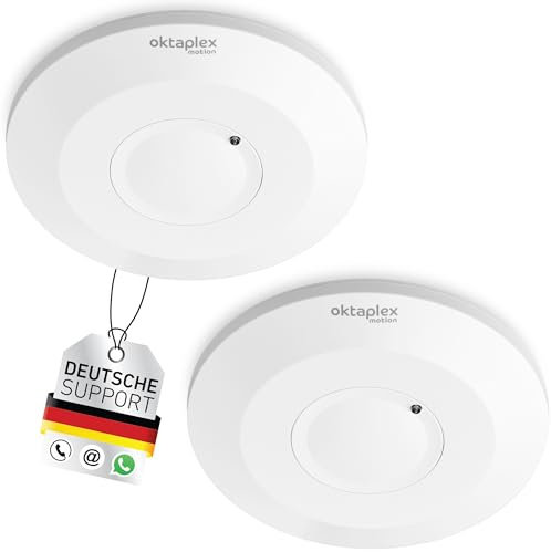 Oktaplex Ida 2er Set Decken-Bewegungsmelder flach | 360° 2 - 16m Hochfrequenz-Sensor 230V Präsenzmelder weiß mit Dämmerungssensor