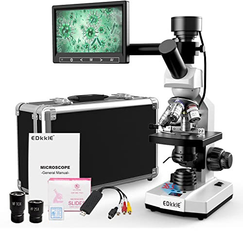 Lab Compound Monocular Microscopes with Constant Temperature,Dual-View Microscope for Adults Students with 40X-2500X Magnification, WF10X/25X Eyepiece, 7'' LCD Screen, Built in 5MP Camera