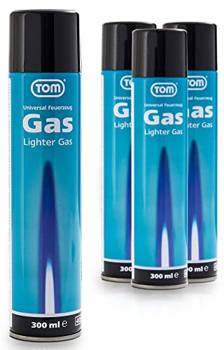 TOM 4 x Feuerzeuggas 300 ml - Kartusche zum nachfüllen für Feuerzeug - Flam-bierbrenner, Sturmfeuerzeug, Stabfeuerzeug & Co. – mit 6 x Adapter für Feuerzeug – Lighter Gas – Nachfüllgas