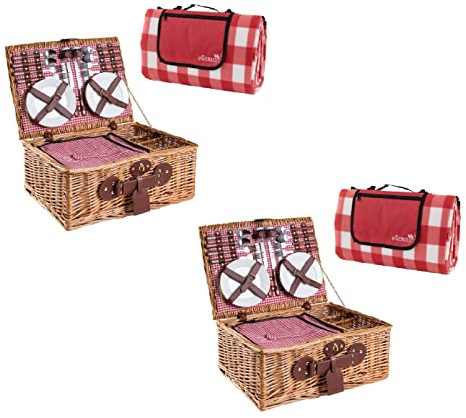 eGenuss 2er-Set Handgefertigtes Picknickkorb für 4 Personen mit Kühlfach und Zubehör + wasserdichte Picknickdecke | Rot