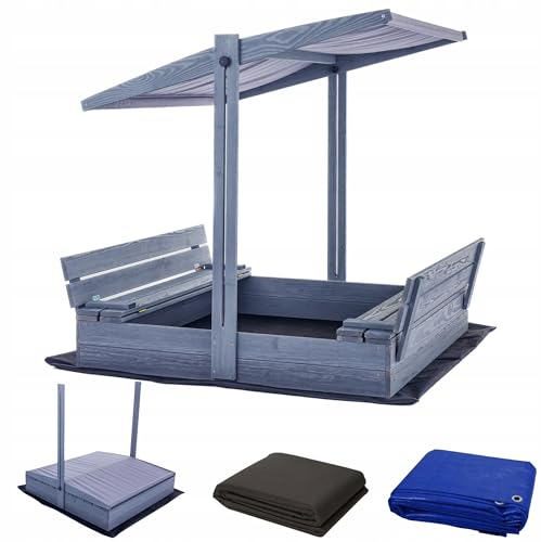 Sandkasten mit Dach Imprägniert120x120 mit Sonnenschutz mit UV-100+ Schutz Sandbox mit Abdeckung mit Sitzbänken mit Deckel mit Plane Sandkiste Sandkastenvlies Holz (120x120 Grau)