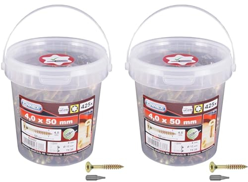 Connex Universalschrauben 4,0 x 50 mm - 425 Stück im Set - Senkkopf - TX-Antrieb - Teilgewinde - Gelb verzinkt - Inkl. Bit/Schrauben-Set/Schrauben-Eimer / B30082 (Packung mit 2)