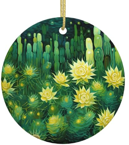 Adornos de Navidad de flores de cactus verdes, decoraciones de Navidad, adornos colgantes de árbol de Navidad, regalo festivo redondo de cerámica para decoraciones de Navidad, decoraciones de fiesta