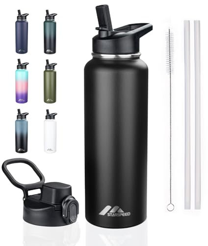 StarSpeed 40oz Insulated Water Bottle with Straws & 2 Lids, Stainless Steel Double Walled Vacuum Water Flask, Wide Mouth Sports Water Bottle for Gym Camping Hiking, Black