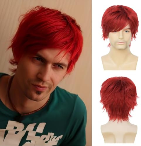 Salaibs Herren Rote Kurze Perücke Schichtweise Natürliche Cosplay Perücke Shaggy Synthetische Faser Halloween Tägliche Perücken