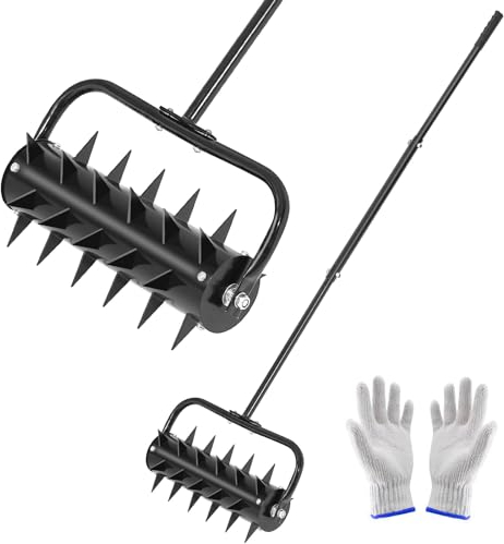 Rasenbelüfter – robuste manuelle Graswalze für Hinterhofwartung – 45,7 cm mit 142,2 cm Edelstahlgriff und Klinge – Rollender Garten Rasen Spikes Werkzeug für Erde Gras – Gartengerät
