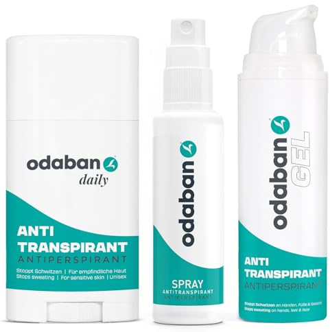 odaban® 3er Set – Antitranspirant Spray, Deo Stick & Gel – kompletter Schutz gegen starkes Schwitzen – ideal für Achseln, Hände, Füße & Gesicht – langanhaltend & hautfreundlich
