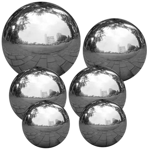 Wedhapy Silberne Kugeln Gartenkugel aus Edelstahl 6 Stück Silberne Kugeln 2 3 4 und 6 Zoll große glänzende Kugeln reflektierende hochglanzpolierte Gartenkugel für den Hausteich