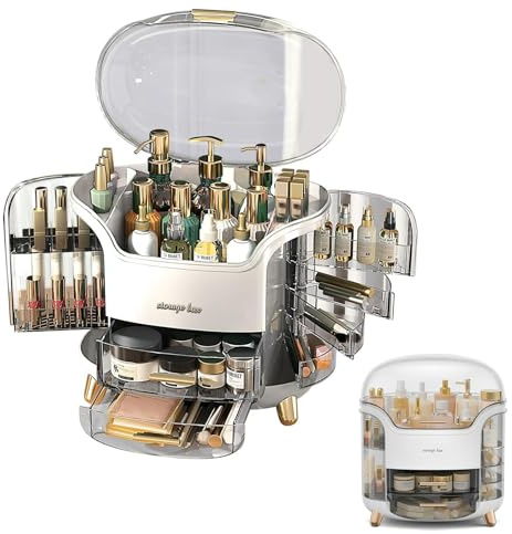 Warmiehomy Multifunctional Makeup Organiser with Lid, Dustproof Make up Organiser Cosmetic Organiser Waterproof Skincare Storage Box with 2 Drawers for Bedroom Bathroom Desktop, White