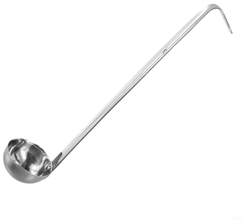Hasaller Mestolo da zuppa con fondo piatto, in acciaio inox, con manico lungo, mestolo da cucina in diverse misure, mestolo per pizza e zuppa, per zuppe, stufati, salse (150 ml)